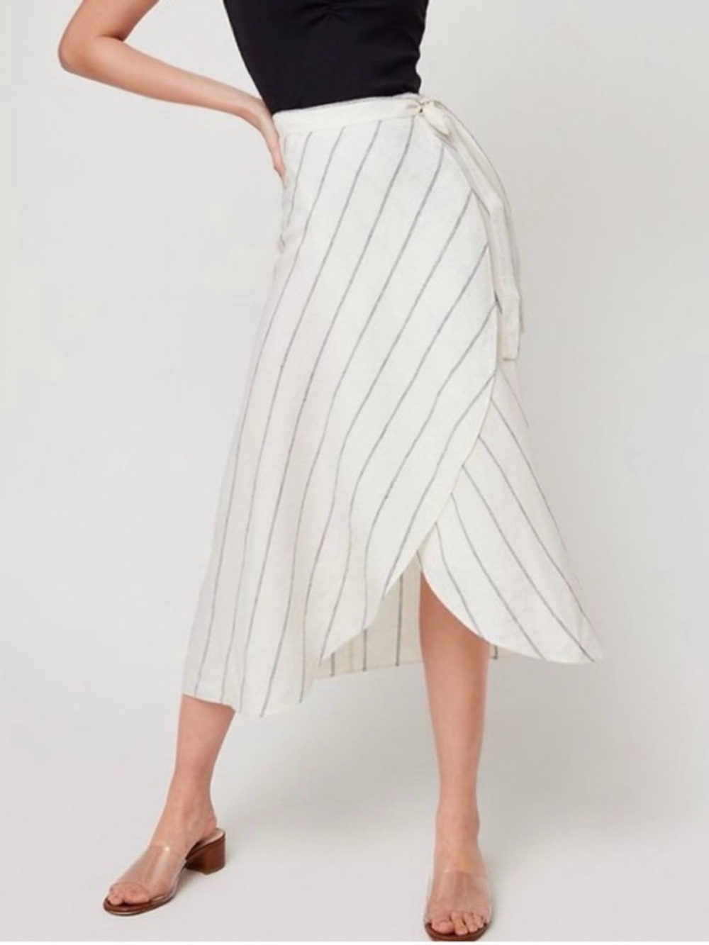 Wilfred Eleta 100% Linen Striped Wrap midi Skirt 
Striped Ivory pin stripe